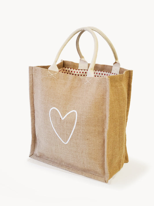 Jute Canvas Market Bag - Love - handmade tote bag