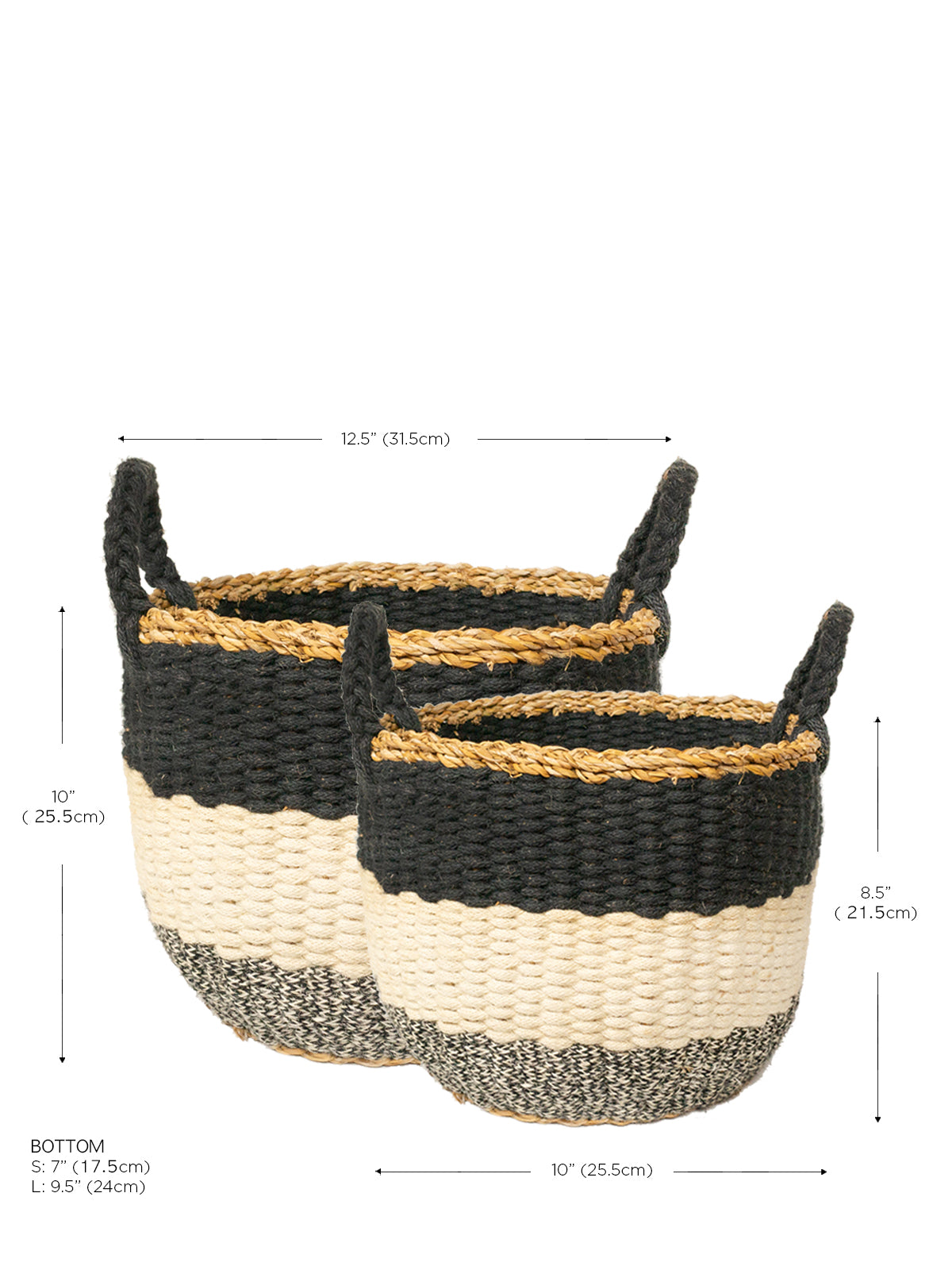 Ula Stripe Basket - Black - handwoven from natural seagrass and soft jute yarn