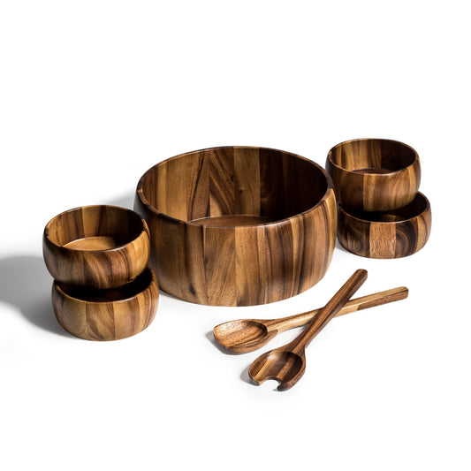 Dragor 7 Piece - Extra Large Salad Bowl with Servers and 4 Individuals - made from acacia wood