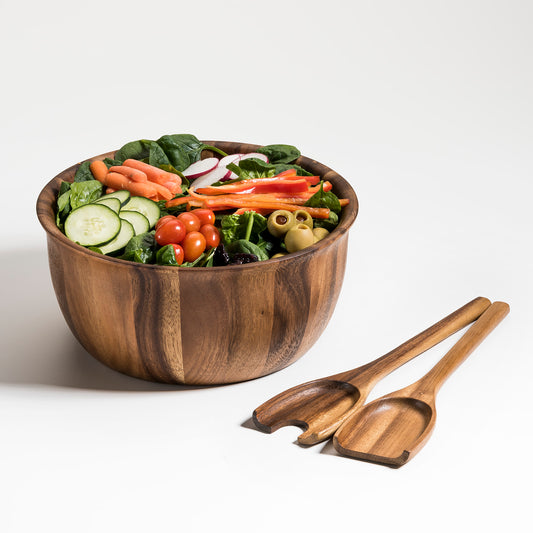 Soro Large Salad Bowl with Servers from Acacia Wood