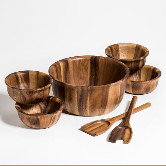 Soro Large Salad Bowl with servers & 4 Individuals - made from acacia wood