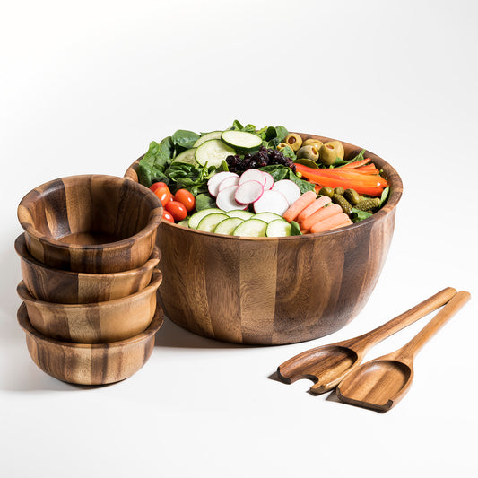 Soro Xtra Large Salad Bowl with Servers & 4 Individuals - made from acacia wood