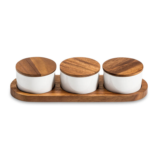 Condiment Serving Set 3 Ceramic Bowls with Lids 13" x 3.75"