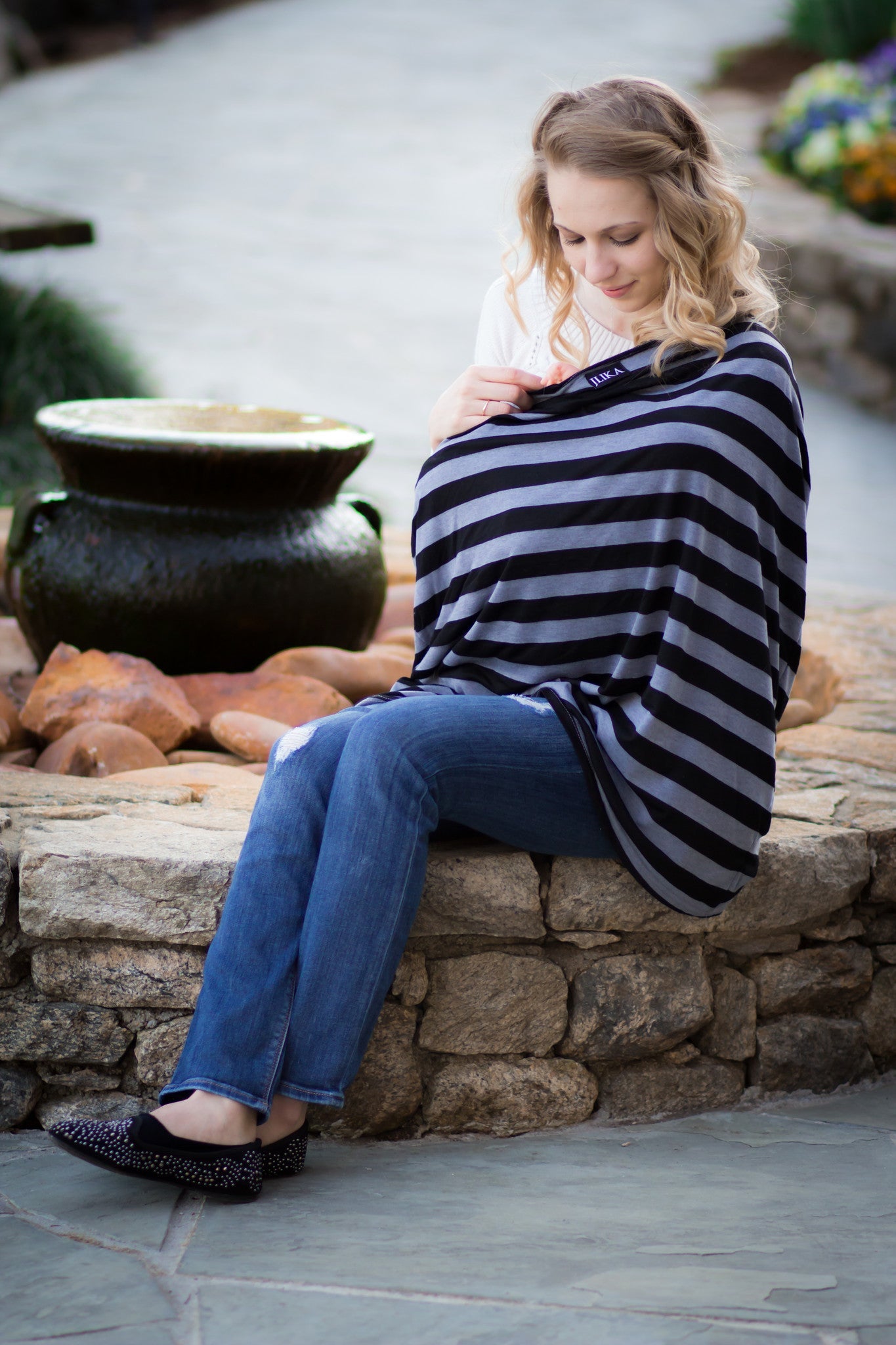 Car Seat Cover, Stroller Cover, Breastfeeding Cover - BLACK & GRAY STRIPE