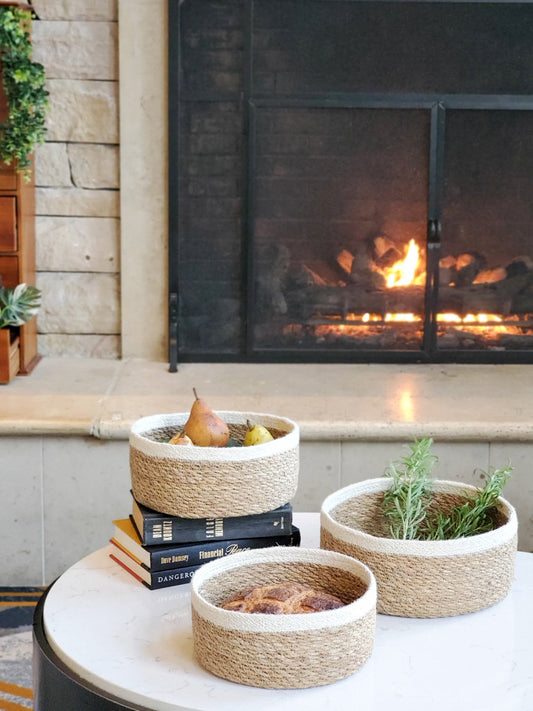 Savar Storage Bowl (Set of 3) - crafted from seagrass leaves and accented with natural jute