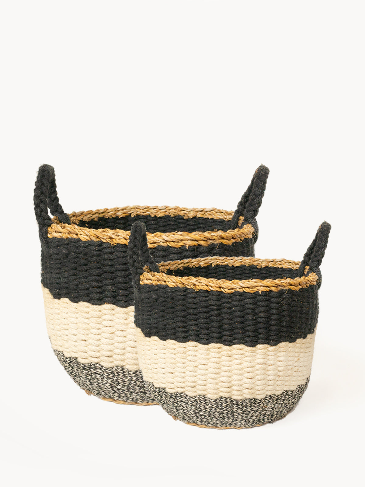 Ula Stripe Basket - Black - handwoven from natural seagrass and soft jute yarn