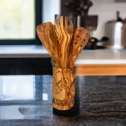 Olive Wood Kitchen Servers Set w/Holder -6 Pcs