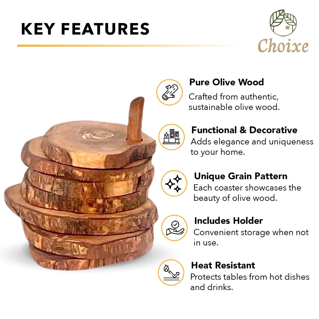 Olive Wood Coaster Set with Holder -7 Pcs