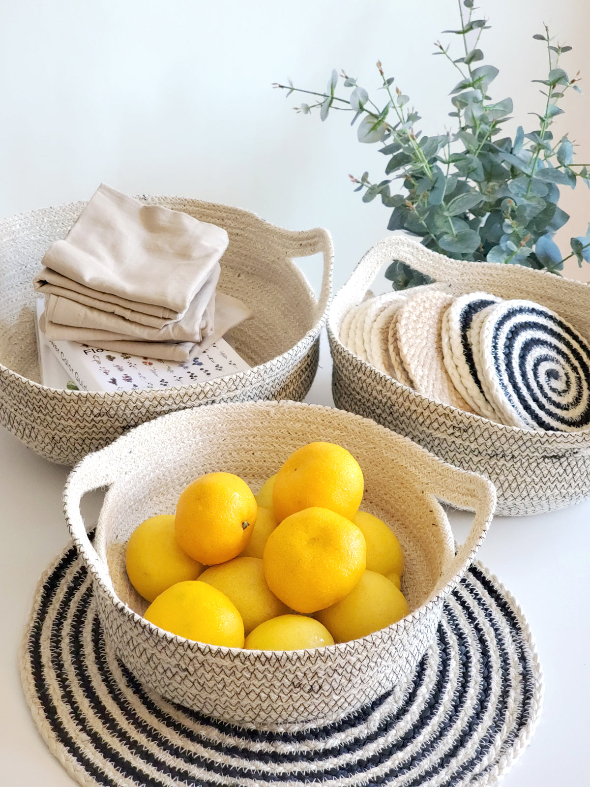 Amari Fruit Bowl - Black - Handwoven and color stitched with jute