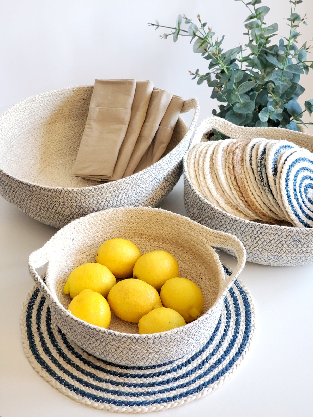 Amari Fruit Bowl - Blue - Handwoven and color stitched with jute