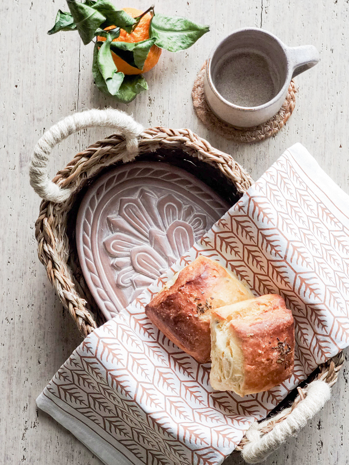 Terracotta Bread Warmer & Basket Gift Set with Tea Towel - Flower