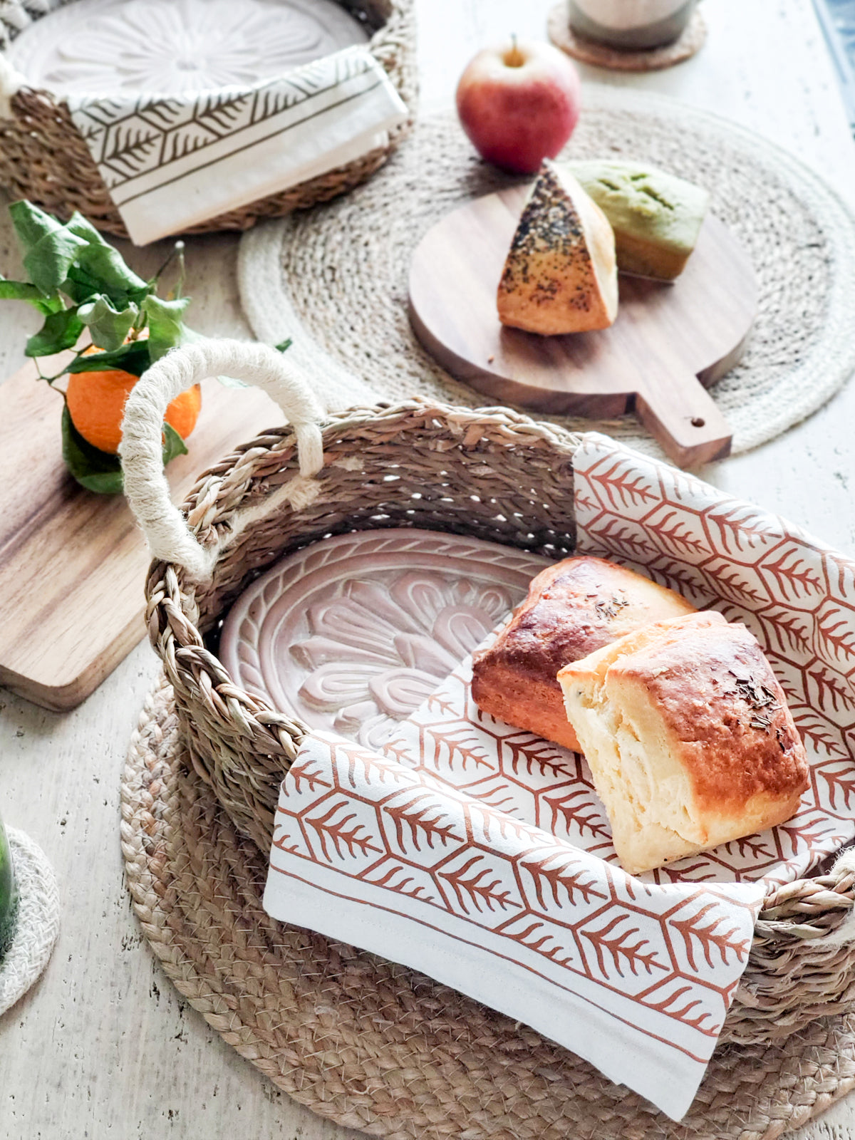 Terracotta Bread Warmer & Basket Gift Set with Tea Towel - Flower