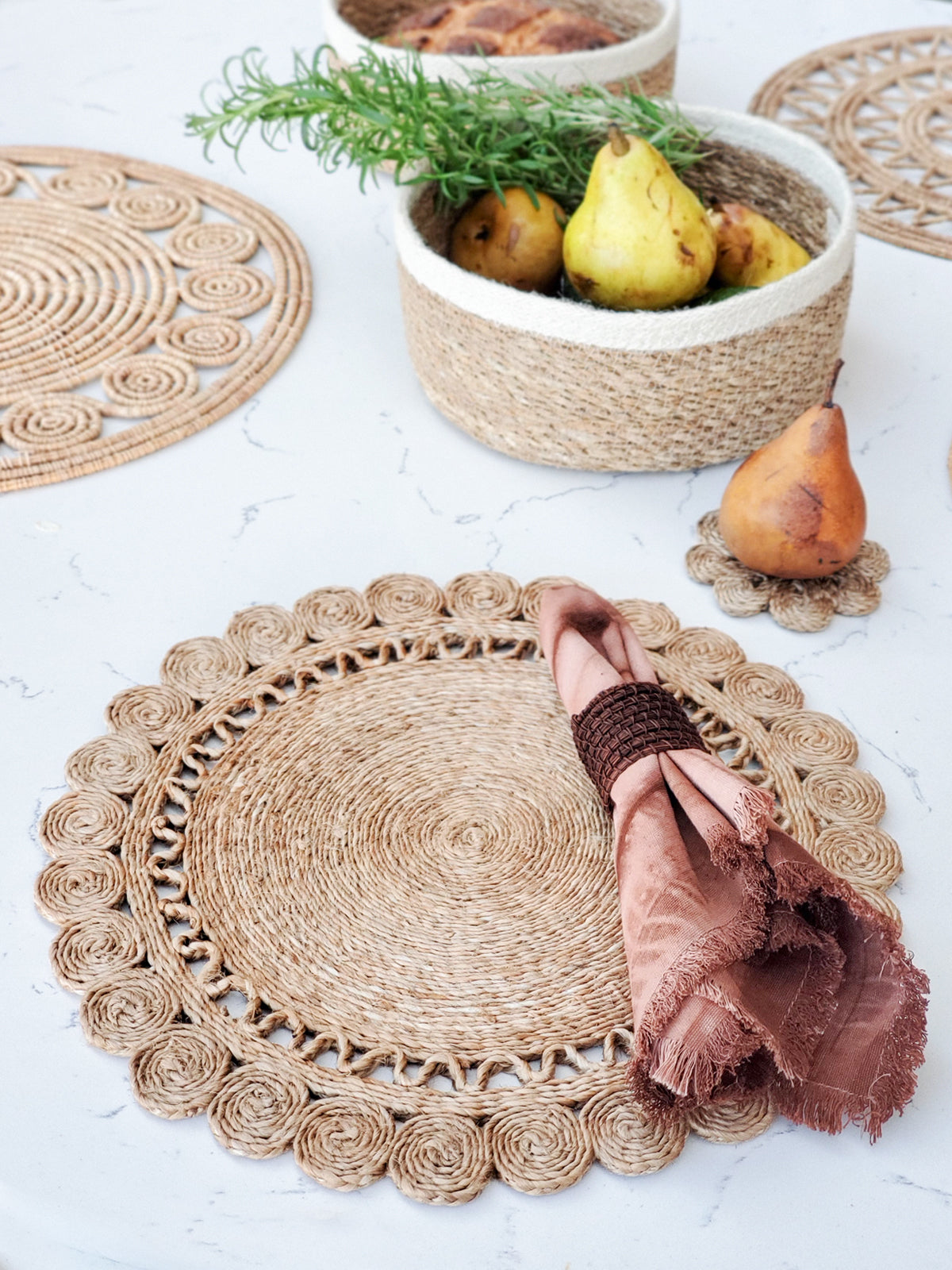 Jute Flower Placemat (Set of 2) - handwoven jute flower pattern