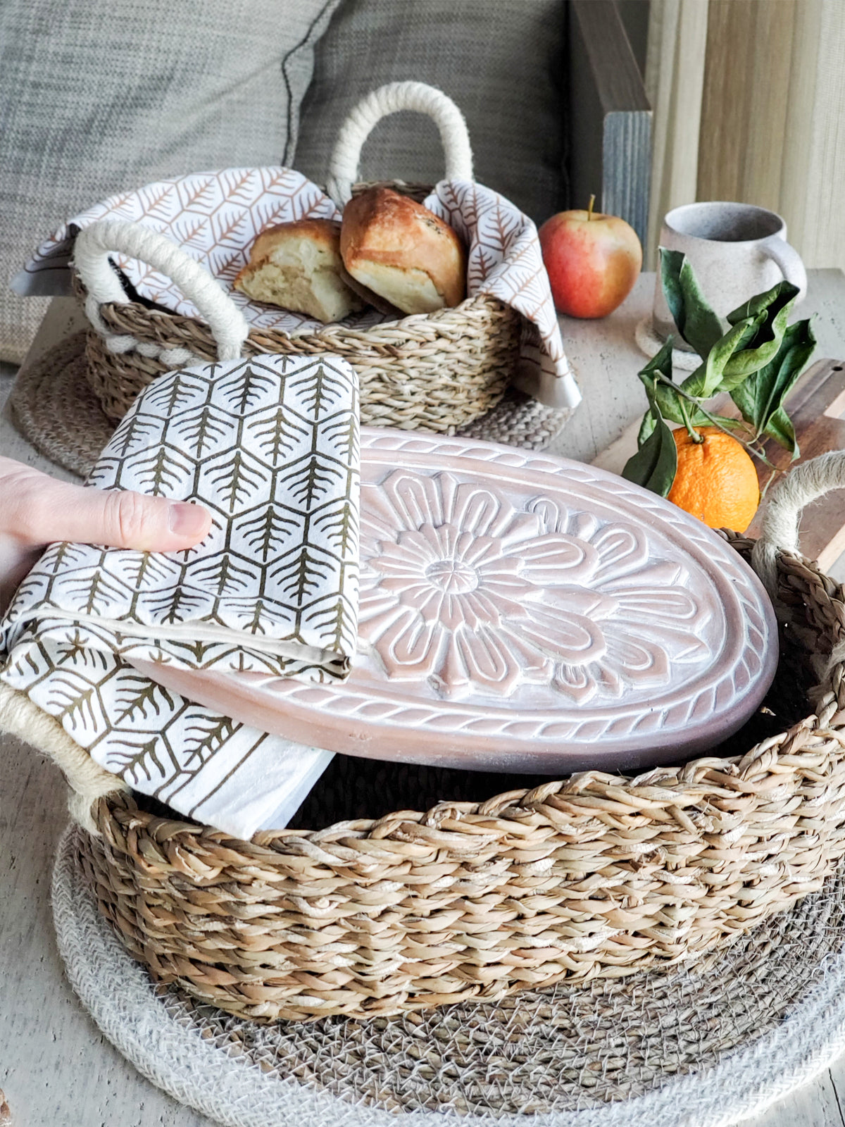 Terracotta Bread Warmer & Basket Gift Set with Tea Towel - Flower