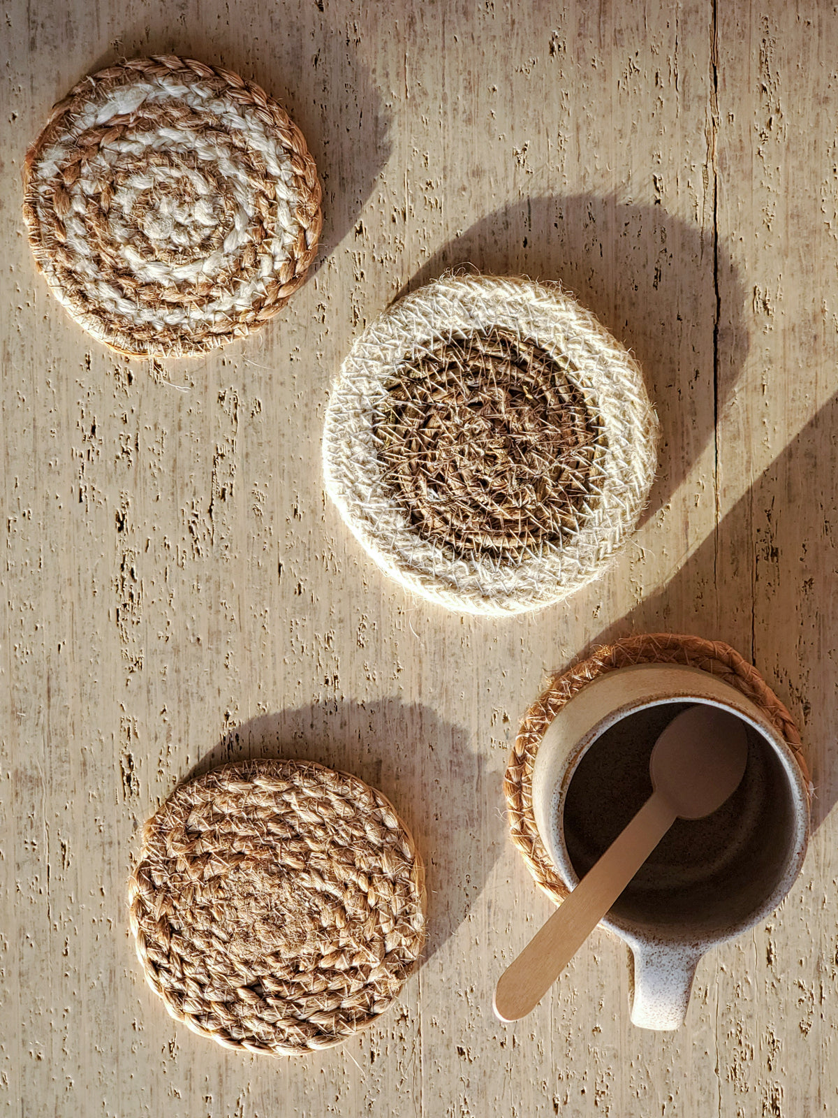 Natural Coaster Gift Set with Green pouch - handmade with 100% Jute and seagrass