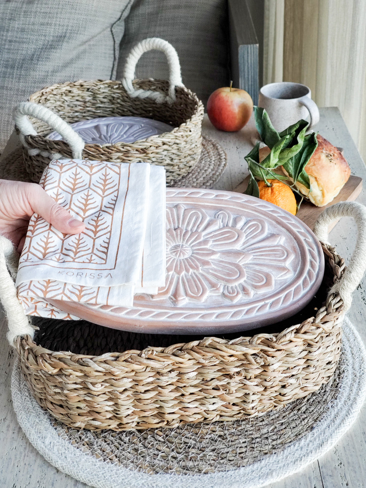 Terracotta Bread Warmer & Basket Gift Set with Tea Towel - Flower