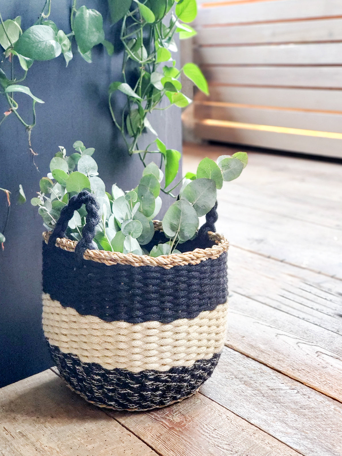 Ula Stripe Basket - Black - handwoven from natural seagrass and soft jute yarn