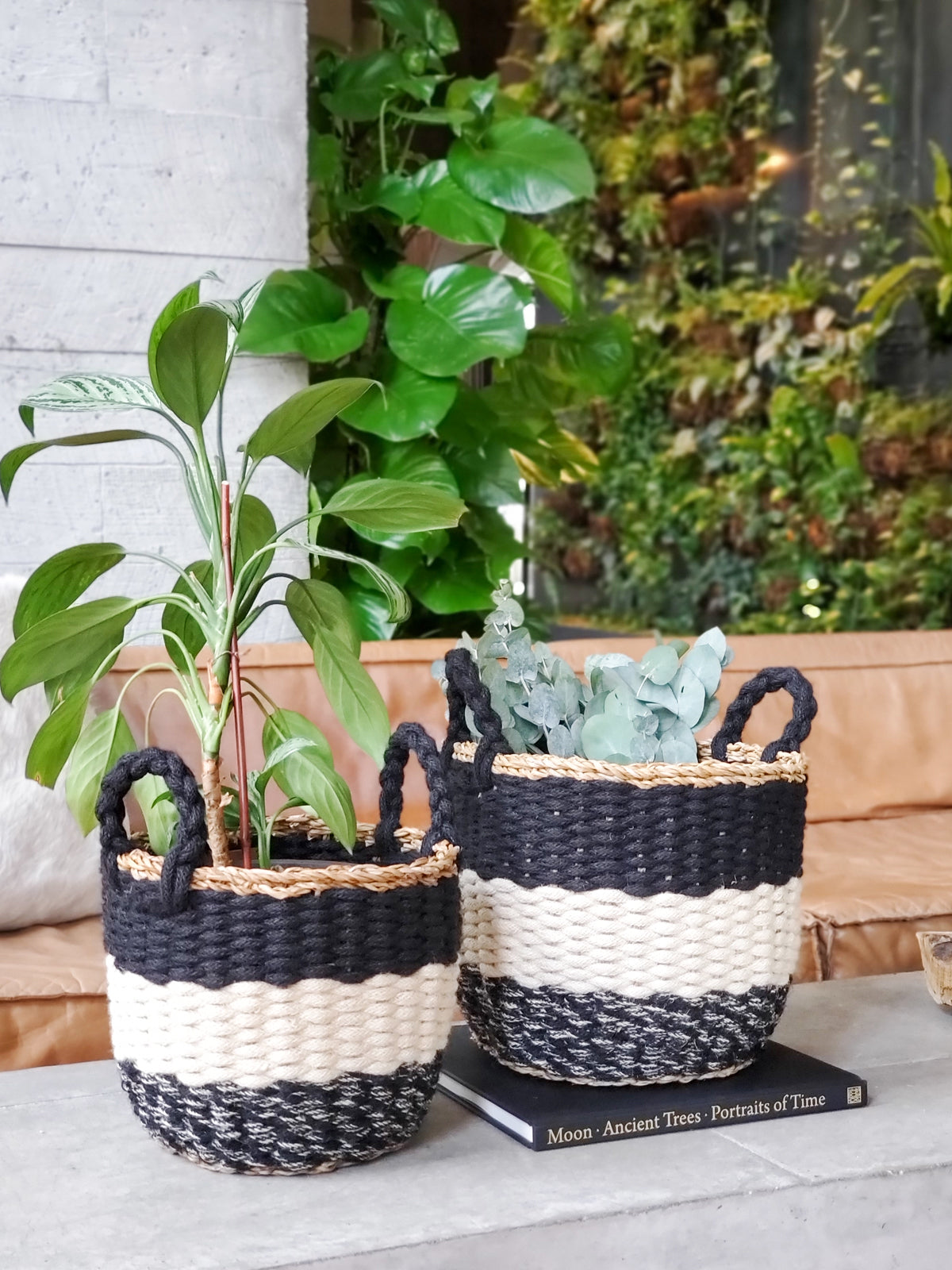 Ula Stripe Basket - Black - handwoven from natural seagrass and soft jute yarn