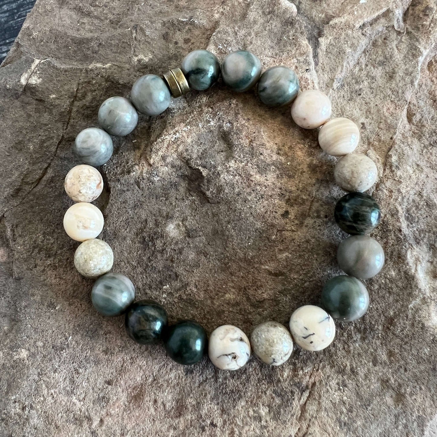 Green Line Jasper and African Opal Bead Bracelet