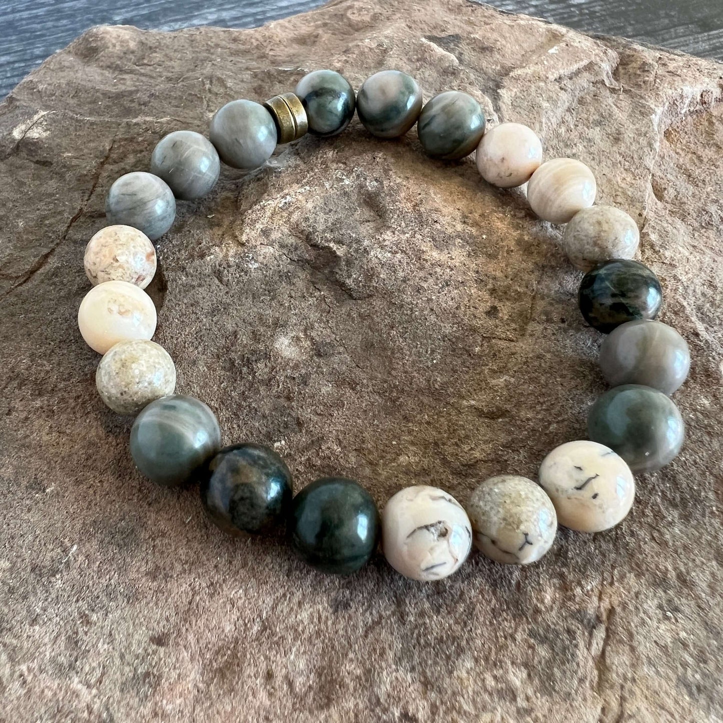 Green Line Jasper and African Opal Bead Bracelet