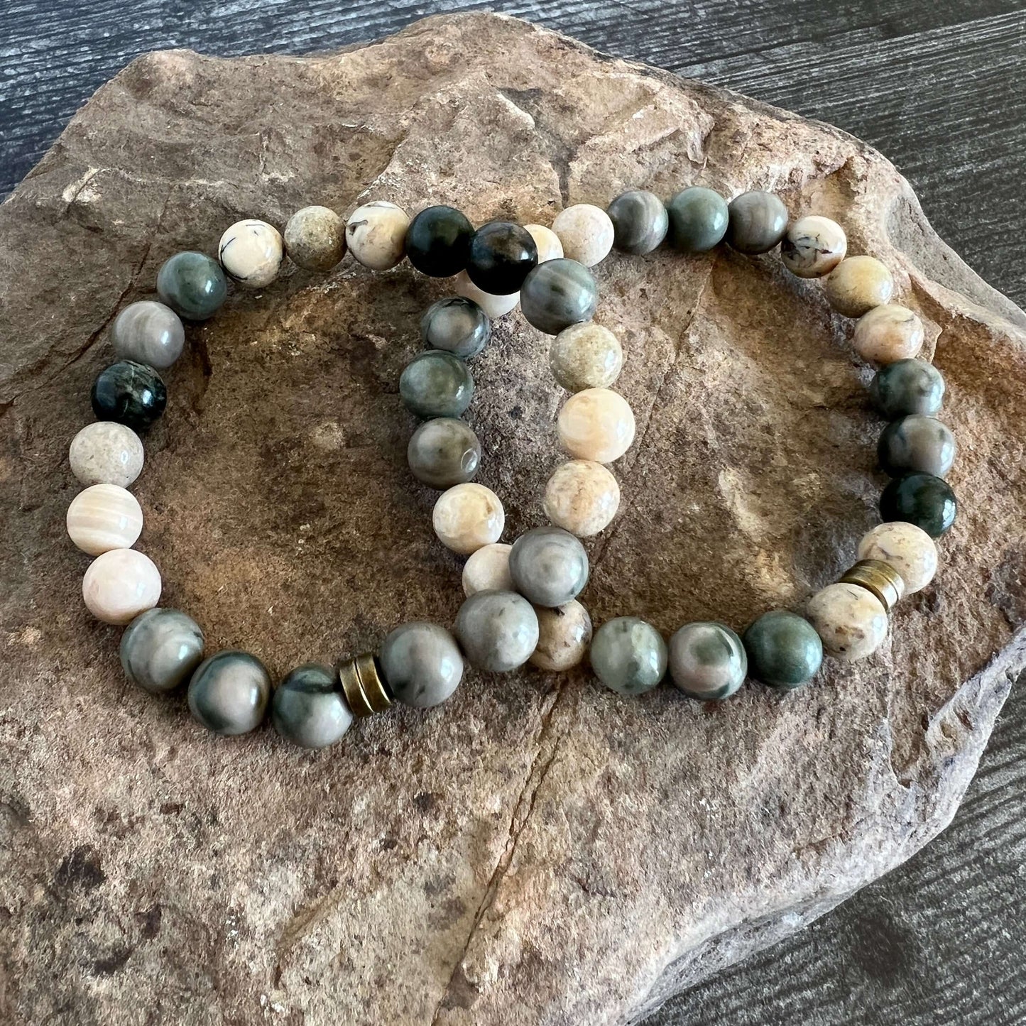 Green Line Jasper and African Opal Bead Bracelet