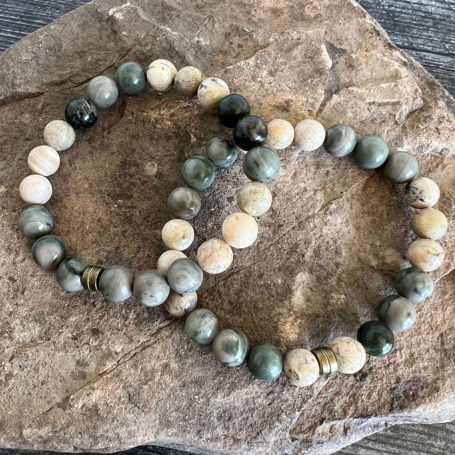 Green Line Jasper and African Opal Bead Bracelet