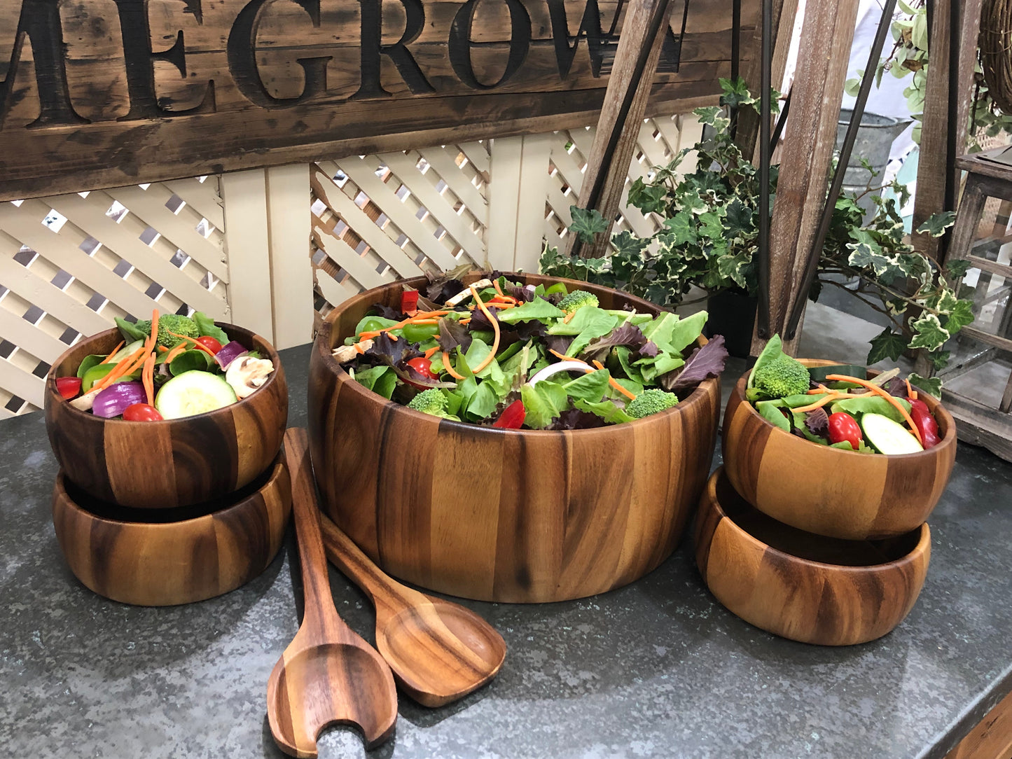 Dragor 7 Piece - Extra Large Salad Bowl with Servers and 4 Individuals - made from acacia wood