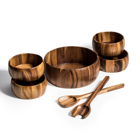 Dragor 7 Piece - Large Salad Bowl with Servers and 4 Individuals - made from acacia wood