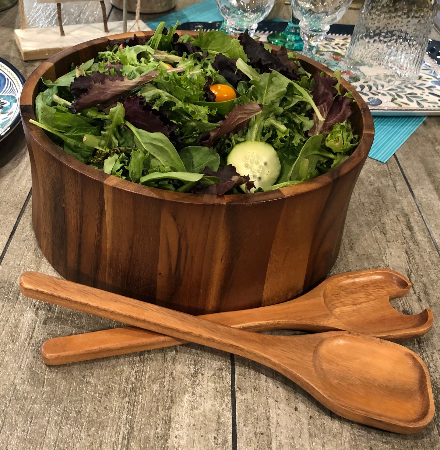 Maribo Xtra Large Salad Bowl with Servers - made from acacia wood