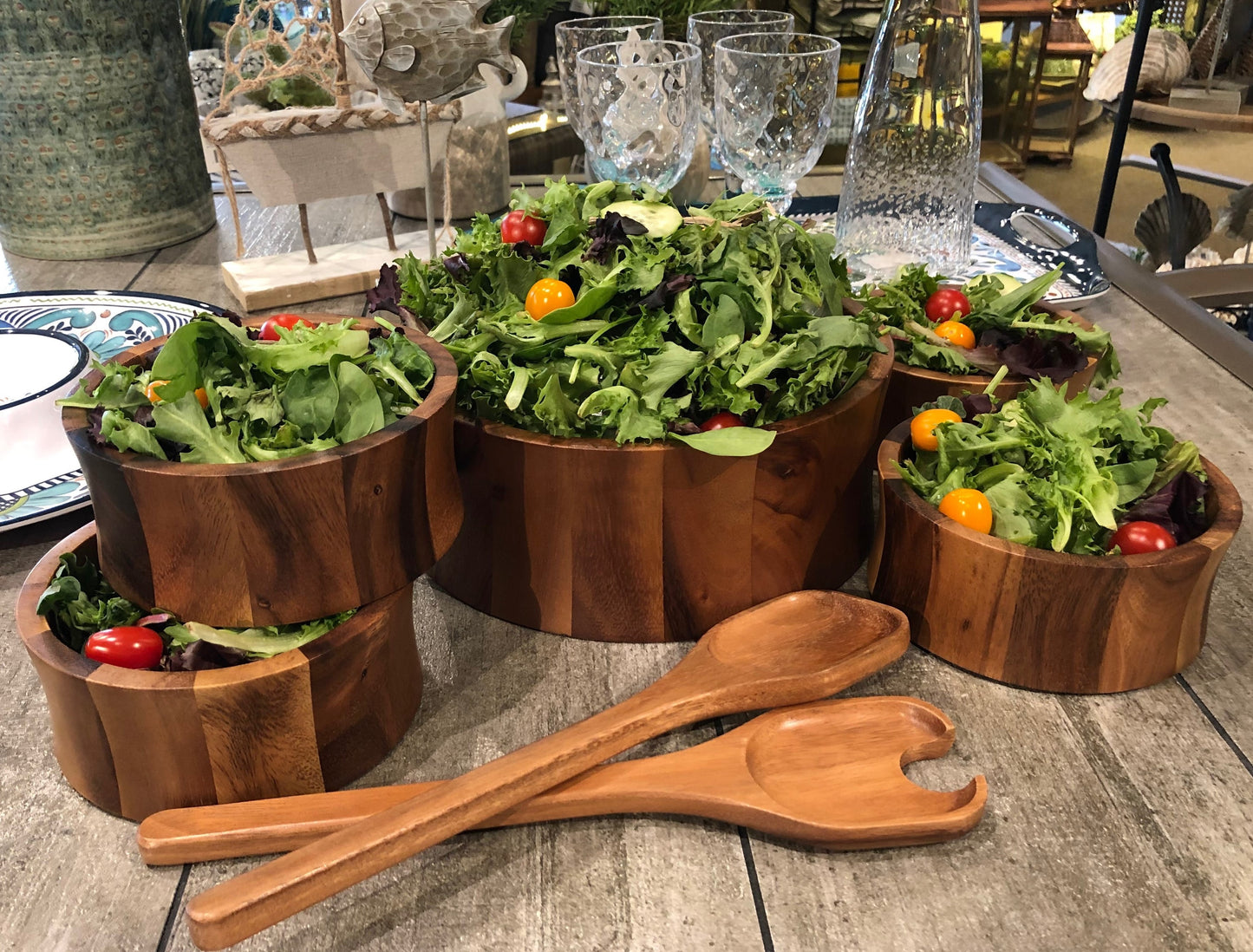 Maribo 7 Piece - Large Salad Bowl with Servers and 4 Individuals - made from acacia wood