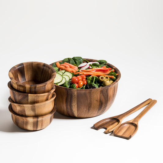 Soro  Large Salad Bowl with servers & 4 Individuals - made from acacia wood