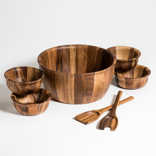 Soro Xtra Large Salad Bowl with Servers & 4 Individuals - made from acacia wood